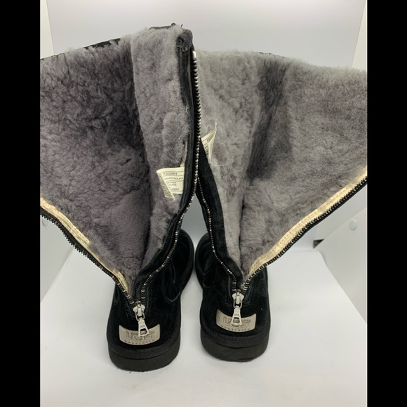 UGG Black Tall Leather Boots Zipper Back Sz5 6 - Picture 8 of 10